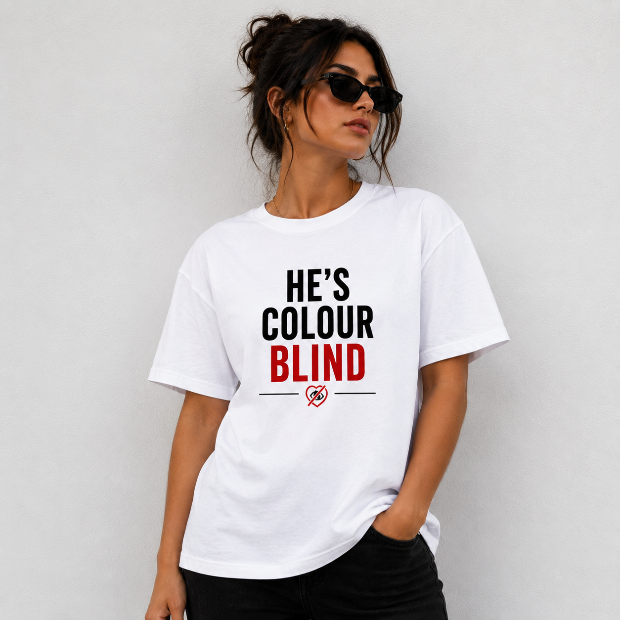 He's Colour Blind T-Shirt — Funny Graphic Tee for Couples & Pride Awareness